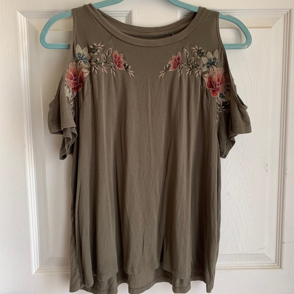 American Eagle, olive green top with embroidered flowers and cut out shoulders